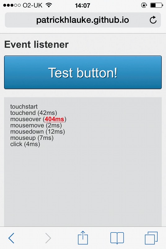 Events fired in iOS Safari, and showing the delay after touchend
